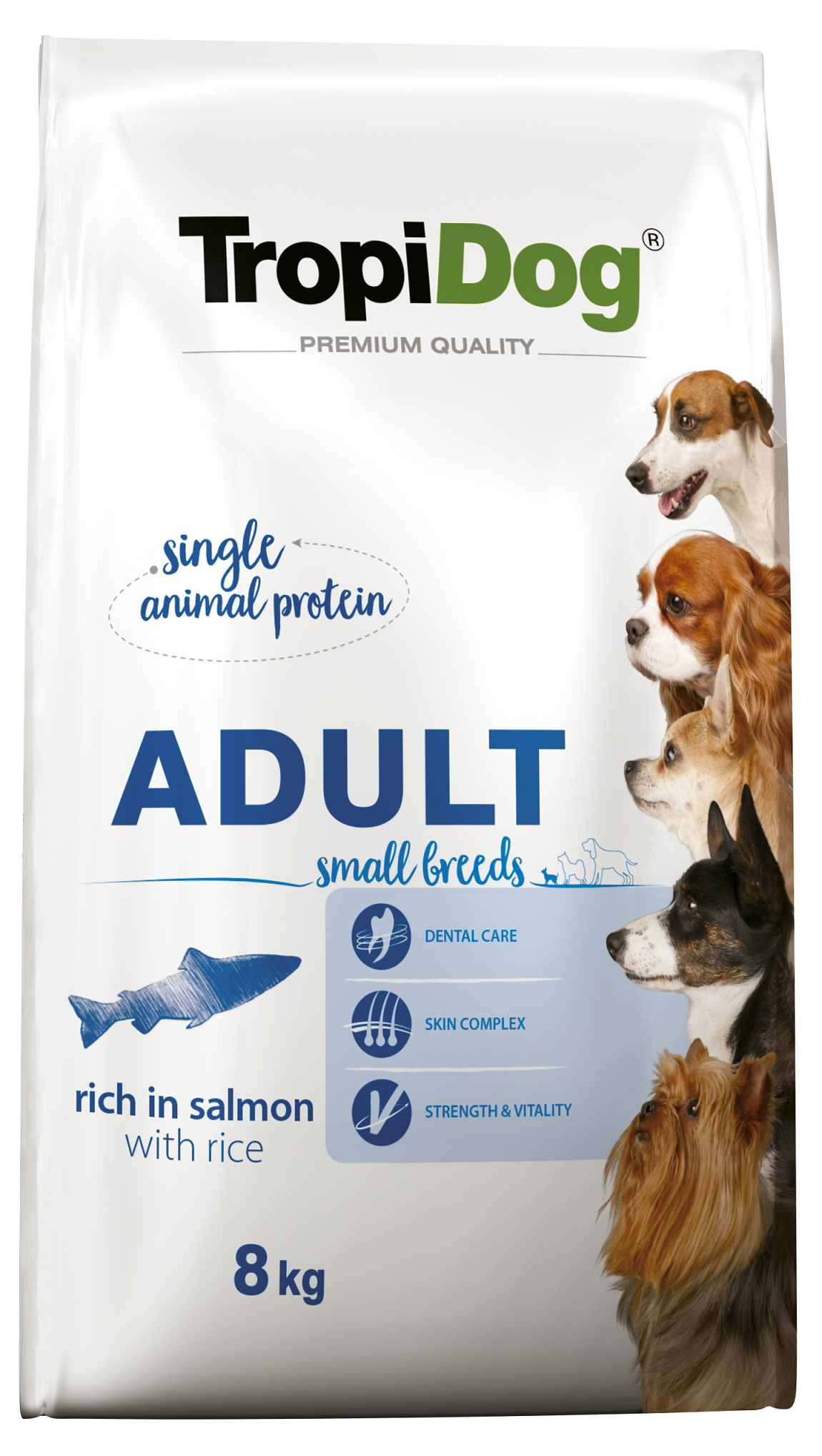 TropiDog Premium Adult SMALL BREEDS Rich in SALMON with RICE 8kg 20601-uniw
