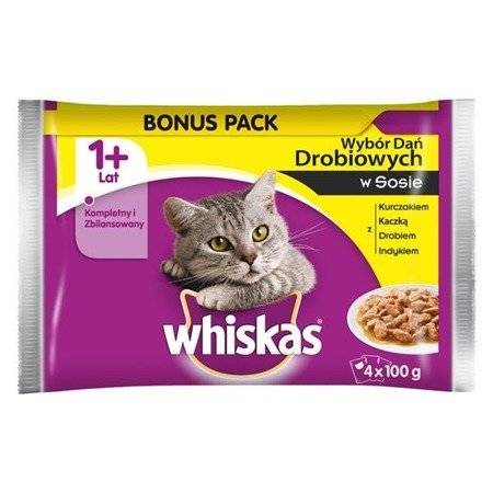 Whiskas Adult saszetka 4x100g Wybór dań drobiowych w sosie mokra karma dla kotów w sosie z kurczakiem z kaczką z drobiem z indykiem) 42663-uniw