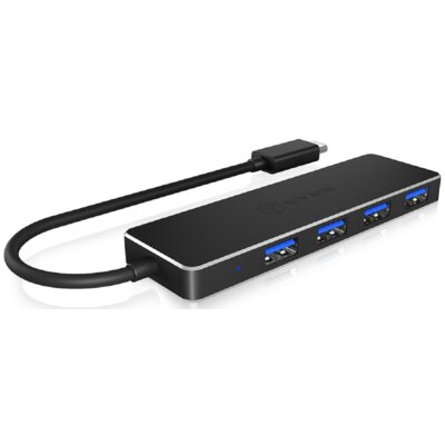 Icy Box IB-hub1410-C3 4-fach USB Type-C Hub z 4 X USB 3.0 (Type-A) portami, ultra-płaska obudowa aluminiowa, zintegrowane korytko kablowe, czarna IB-Hub1410-C3