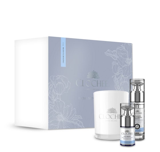 Clochee Facial Skin Care Moisturising Set 2020 ZESTAW Serum nawilżające 30 ml + Rozjaśniający krem pod oczy 15 ml + Świeca sojowa 1 szt