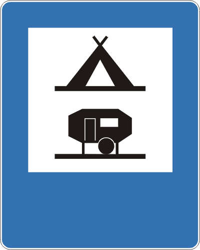 Znak drogowy informacyjny D-31 Obozowisko (camping) wyposażone w podłączenia elektryczne dla przyczep kempingowych