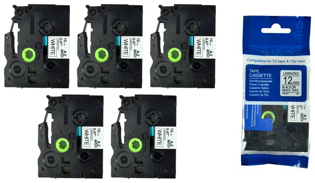 Taśma 5-pak zamiennik do Brother 12mm/8m biała czarny nadruk  5xTZE231