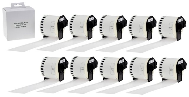 Taśma 10-pak zamiennik do Brother QL 62mm*30.48m, taśma ciągła biała, czarny nadruk, DK22205