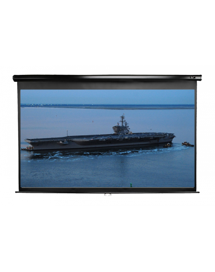 Elite Screens M128UWX Manual Pull Down Screen 128'' 16:10 / Diagonal 320cm, W 275.3cm x H 172.2cm / Black case / Dual wall & ceiling instalation design/ 4-side black masking border Top: 15cm / 160 Degrees wide viewing angle / Auto locking