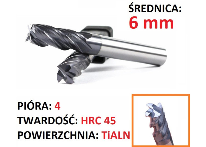 Frez węglik VHM 4p 6 mm chwyt 6mm TiAlN 45HRC CNC