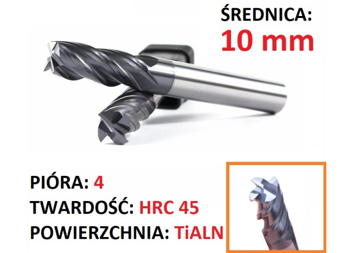 Frez węglik VHM 4p 10 mm chwyt 10mm TiAlN 45HRC CNC