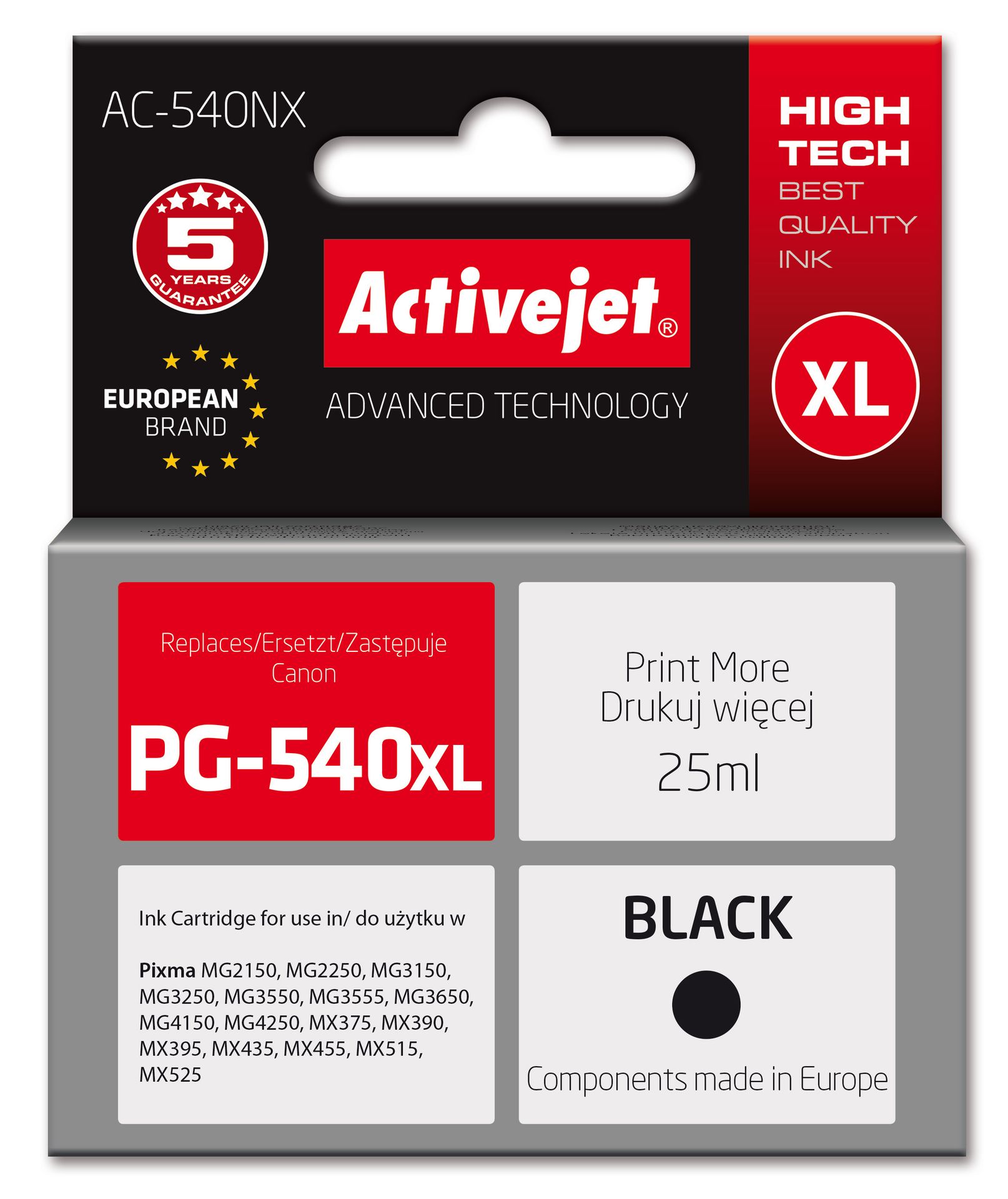 Activejet AC-540NX Tusz do drukarki Canon, Zamiennik Canon PG-540XL; Supreme; 25 ml; czarny.