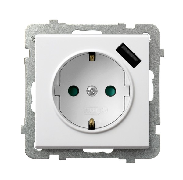 Gniazdo pojedyncze Ospel Sonata GP-1RSPUSB 2,1A/m/00 z uziemieniem schuko z przesłonami z ładowarką USB 2,1A białe