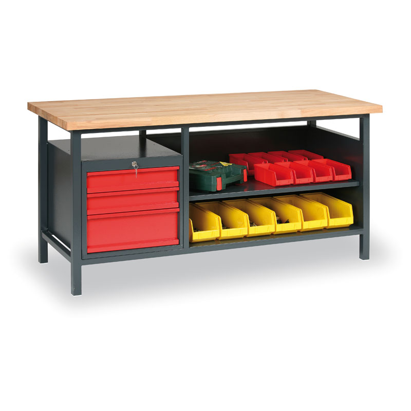 B2B Partner Warsztatowy stół roboczy GÜDE, bukowa deska warstwowa, 3 szuflady, 1 półka, 1700 x 685 x 850 mm, antracyt / czerwony 300400
