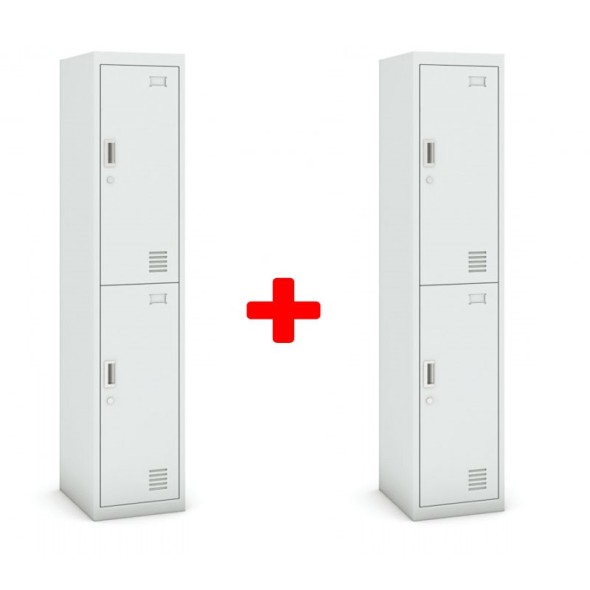 Szafka ubraniowa dwudrzwiowa, zamek cylindryczny, 1800 x 380 x 450 mm, szara/szara, 1+1 GRATIS