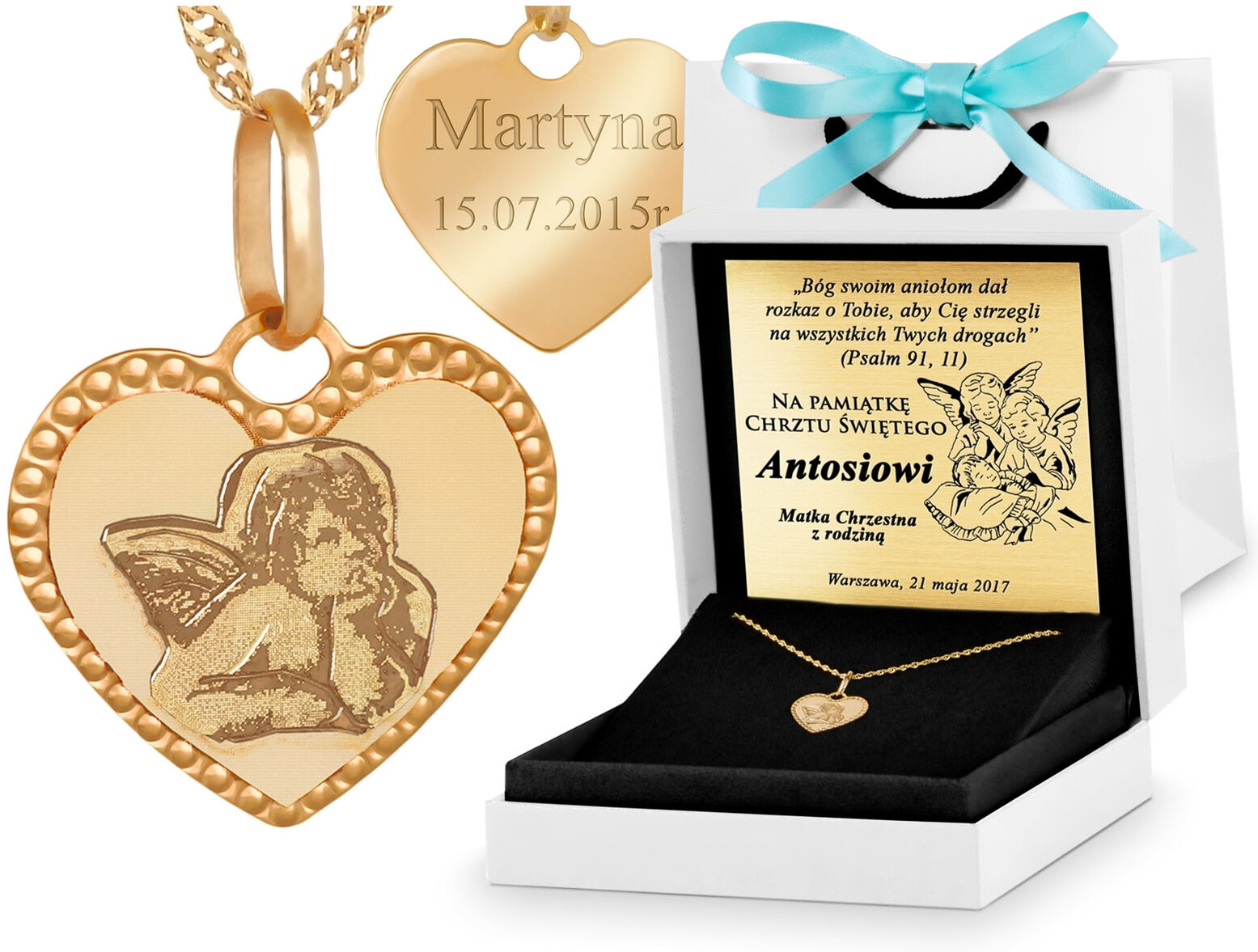 Murrano Złoty Medalik 585 Aniołek w Sercu z Łańcuszkiem Grawer ZZ-071_SIN-585-1MM