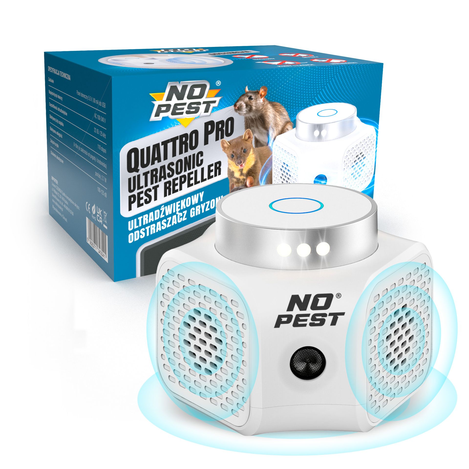 No Pest® Ultradźwiękowy odstraszacz kun, myszy, szczurów, gryzoni Quattro Pro
