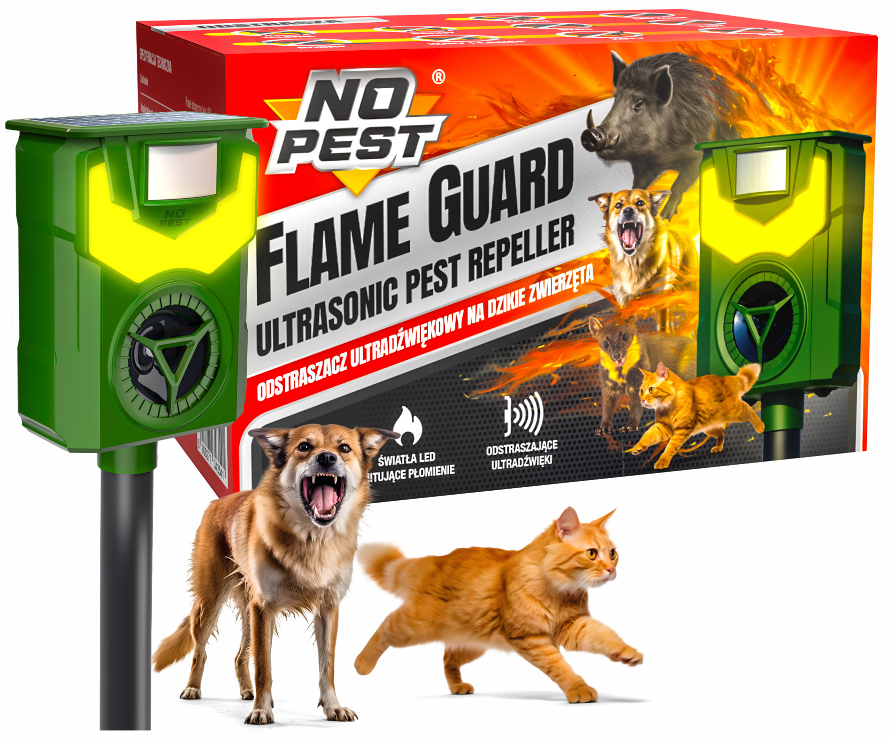 No Pest® Ultradźwiękowy odstraszacz kotów, psów Flame Guard