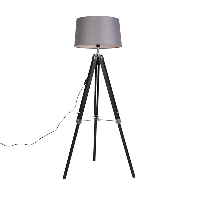 QAZQA Lampa podłogowa czarna klosz lniany szary 45 cm - Tripod
