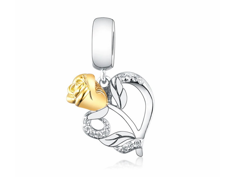 Pandora Valerio.pl Rodowany srebrny wiszący charms róża miłości serce heart rose srebro 925 NEW209 NEW209