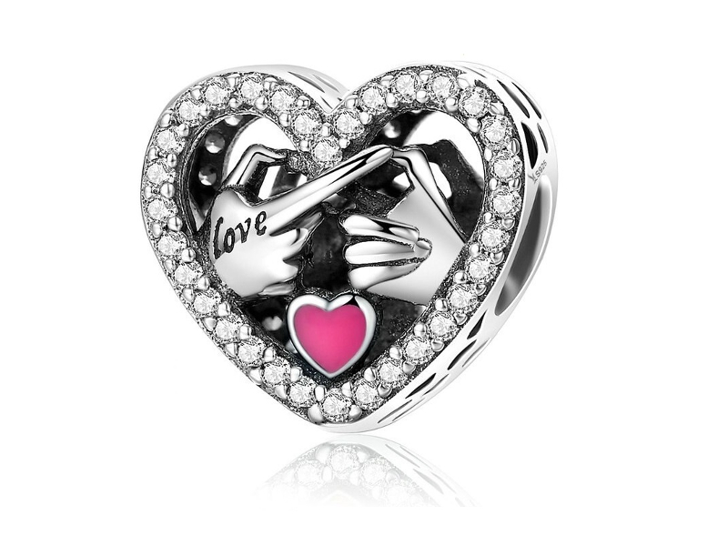 Pandora Valerio.pl Rodowany srebrny charms serce wyznanie miłości dłonie LOVE cyrkonie srebro 925 CHARM260 CHARM260