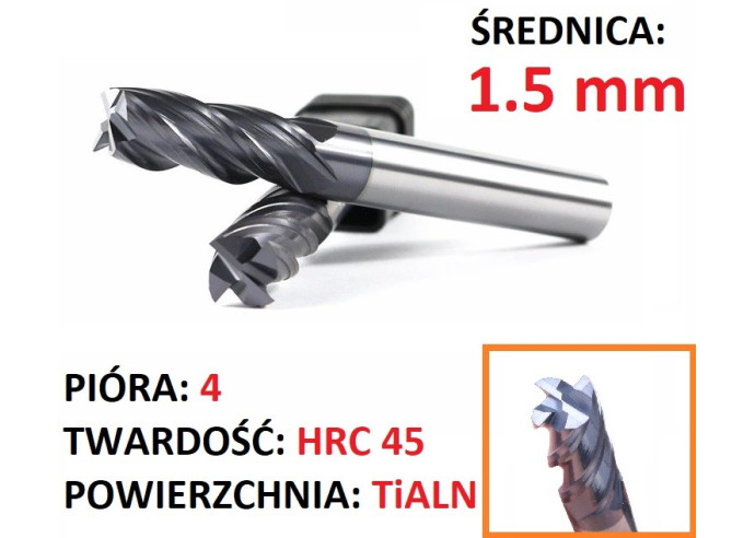 Frez węglik VHM 4p 1.5 mm chwyt 4mm TiAlN 45HRC CNC