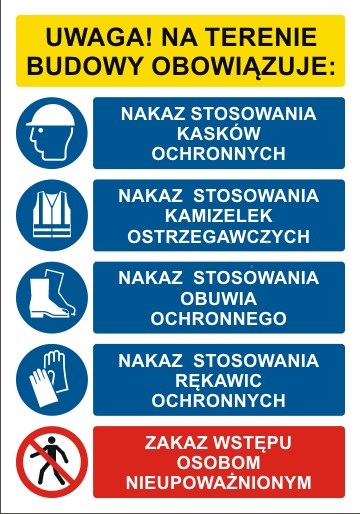 Pn. AXBHP001KS-P3 - Budowlana tablica BHP zbiorcza nakaz stosowania środków ochrony indywidualnej - 700 x 980 mm.