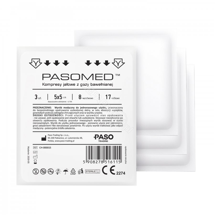 Paso Kompresy jałowe 5 x 5 cm 8-warstwowe 17-nitkowe x 3 szt pasomed
