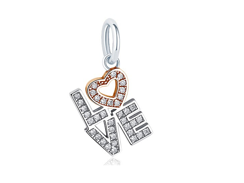 Pandora Valerio.pl Rodowany srebrny wiszący charms do love miłość serce heart cyrkonie srebro 925 DZ010RH+RG DZ010RH+RG