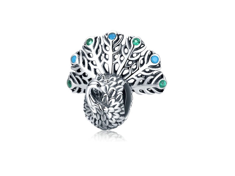 Pandora Valerio.pl Rodowany srebrny wiszący charms do dumny paw peacock cyrkonie srebro 925 CHARM190 CHARM190