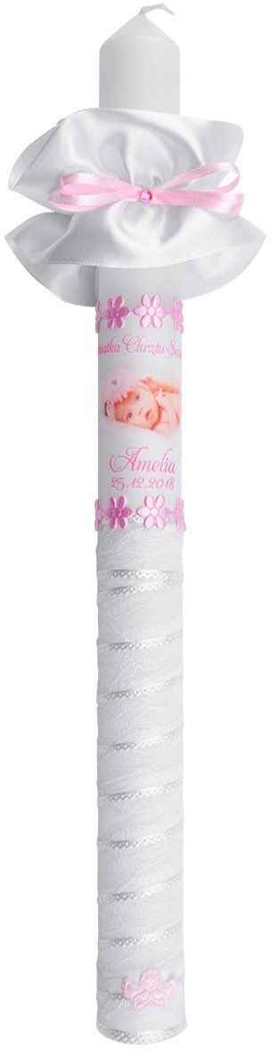 Świeca na chrzest Koronkowa Różowa Indywidualny Nadruk + Profitka
