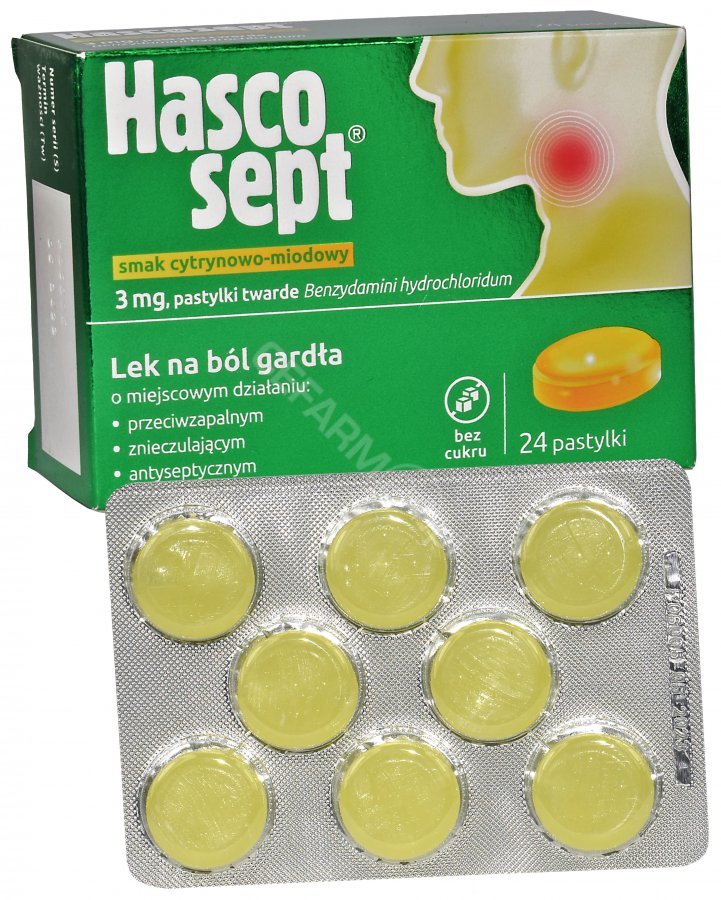 Hascosept, 3 mg, smak cytrynowo-miodowy, 24 pastylko do ssania  | Darmowa dostawa od 199,99 zł !! 3677824