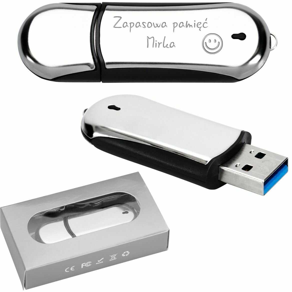 Pendrive chromowo-czarny 32 GB Pamięć USB prezent z Grawerem