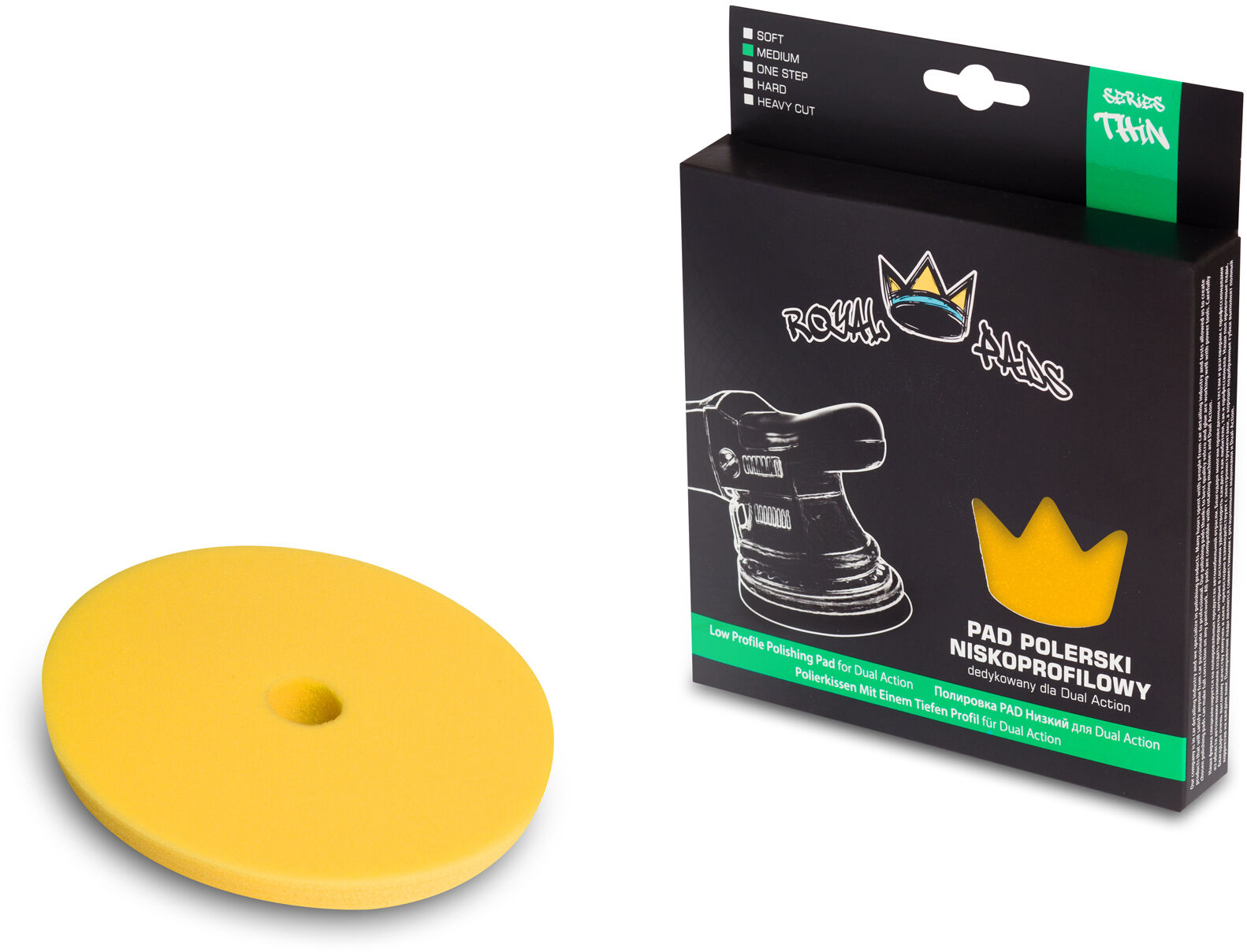 Royal Pads Thin Medium Pad  niskoprofilowy średniej twardości pad polerski do maszyn DA, żółty 130/140mm