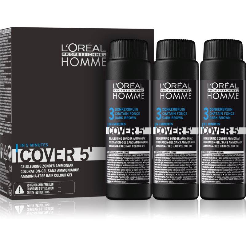 Loreal Professionnel Professionnel Homme Color farba do włosów 3 szt odcień 3 Dark Brown Color Gel Ammoniak-free) 3x50 ml