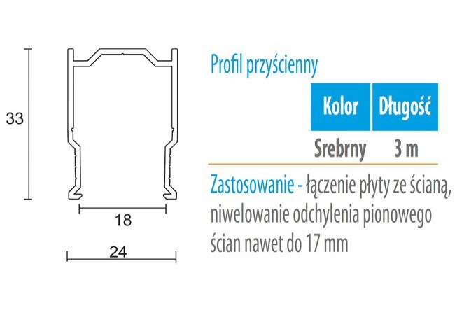 Profil WC 01G przyścienny (gr. płyty 18 mm) -3m aluminium anoda