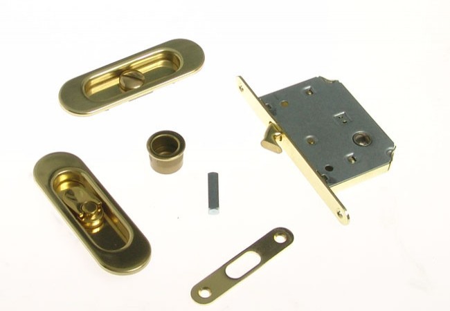 Zamek do drzwi przesuwnych + uchwyty podł. z WC złoty