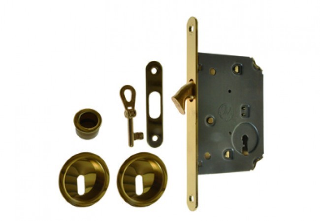 Zamek do drzwi przesuwnych + uchwyty okrągłe z kluczykiem łamanym złoty