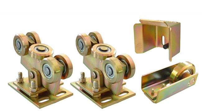 Zestaw professional wózków 80x80x5 do bramy przesuwnej (2 wózki,rolka najazdu ,uchwyt najazdu) ocynk żółty