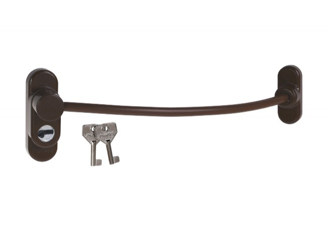 Zabezpieczenie okienne PENKID cable lock P8016 brązowe montowane na ramie okna od wewnątrz,