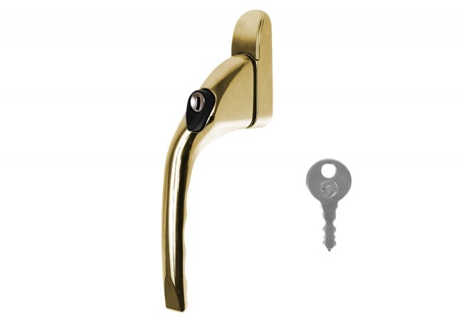Klameczka okienna 40 mm z kluczykiem złota z odgiętą rączką lewa (do okien rozwiernych)