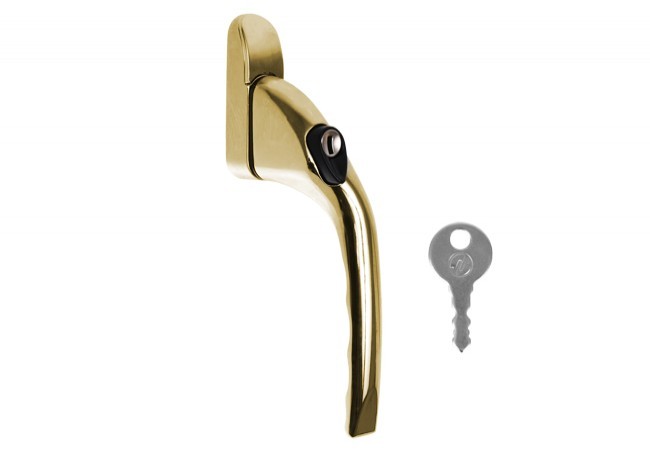 Klameczka okienna 40 mm z kluczykiem złota z odgiętą rączką prawa (do okien rozwiernych)