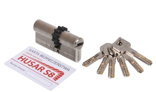 Wkładka bębenkowa atestowana HUSAR S8 30/45 z zębatką nikiel satyna kl. C, 6 kluczy