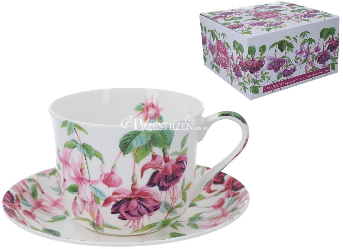 DUŻA FILIŻANKA PORCELANOWA ze SPODKIEM Kwiaty Fuchsia