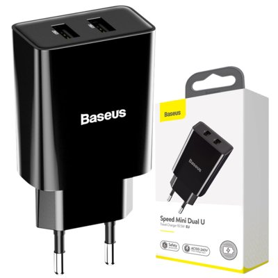 Baseus Speed Mini Dual Charger, 2x USB, 2A, 10,5W Czarna (CCFS-R01)