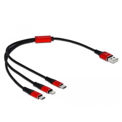 DeLOCK KABEL 3IN1 USB-A(M)->LIGHTNING(M)+USB MICRO(M)+USB-C(M) TYLKO ŁADOWANIE 0.3M CZERWONO/CZARNY