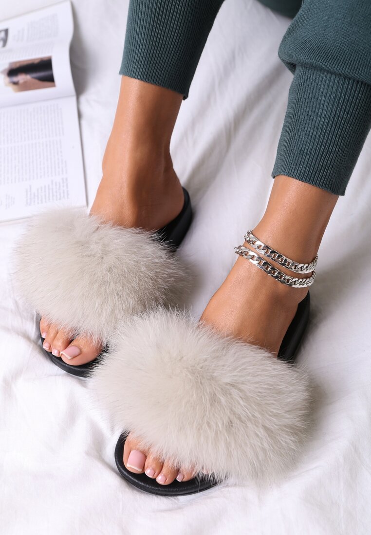 Beżowe Klapki z Futrem Turtlefeather