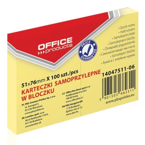 Bloczek biurowy samoprzylepny Office Products, 51x76mm, 1x100 kart., pastel, jasnożółty
