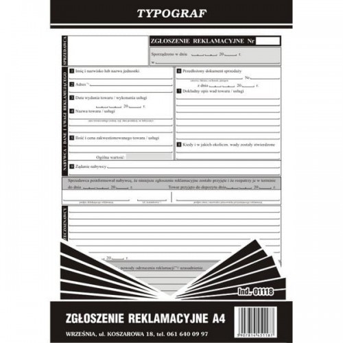 Typograf Zgłoszenie reklamacyjne A4 01118 TYPX0200