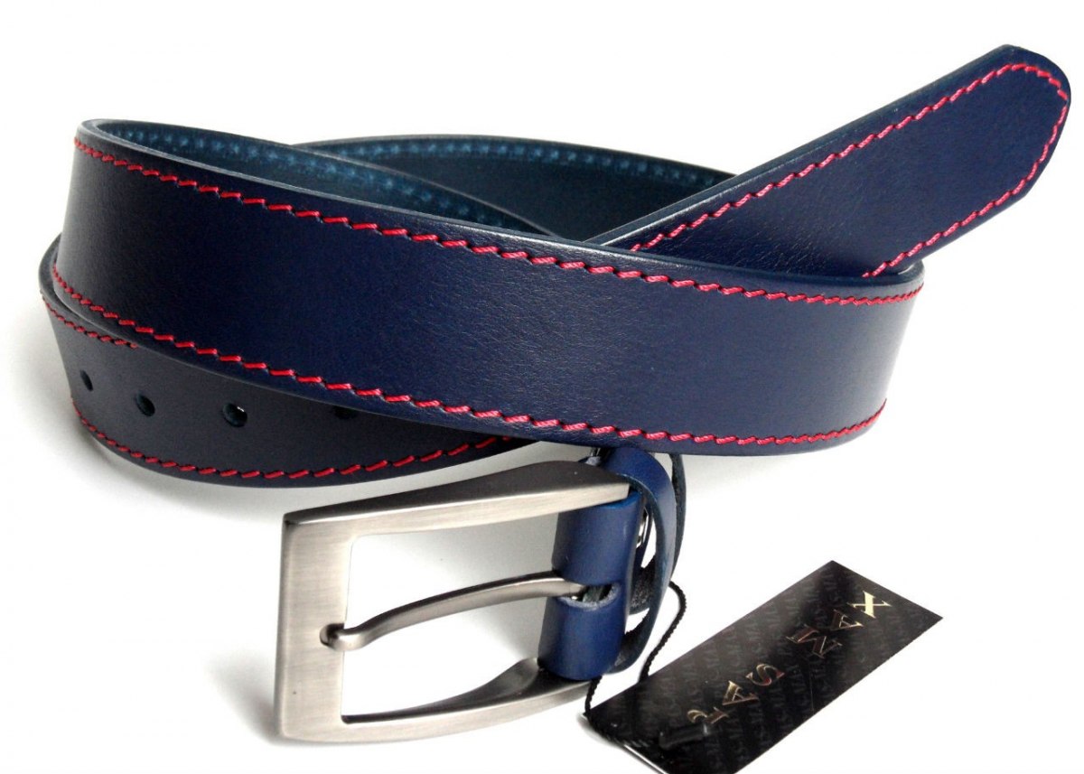 Pasek Męski Skórzany PAS-MAX (PL) Skóra Licowa EXTRA 40 mm Niebieski Z Czerwoną Nitką