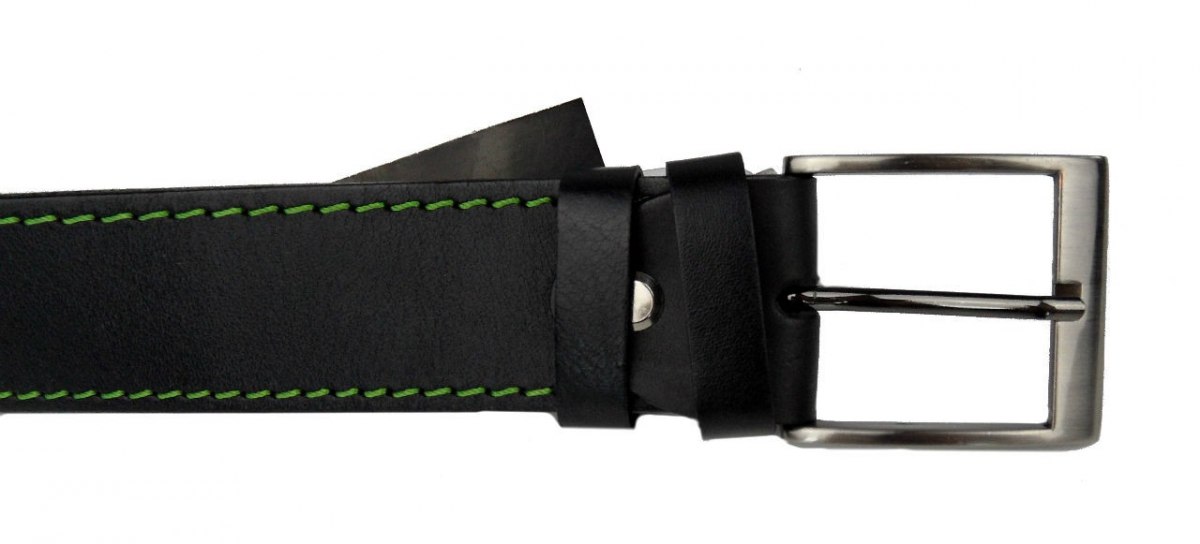 Pasek Męski Skórzany PAS-MAX (PL) Skóra Licowa EXTRA 40 mm Czarny Z Zieloną Nitką