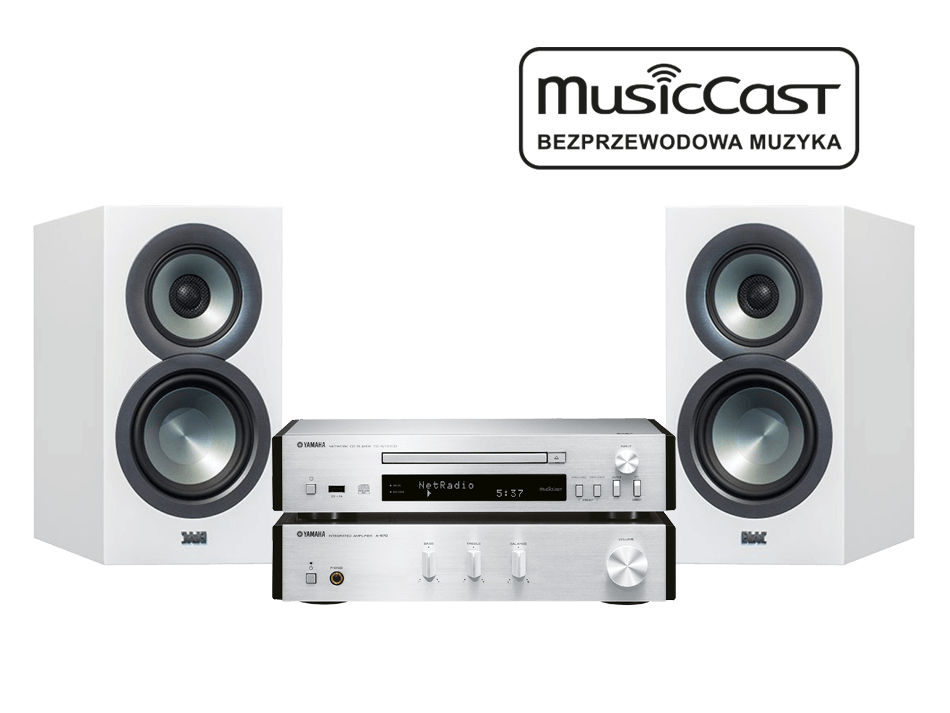 Yamaha MusicCast PianoCraft MCR-N670D (srebrny) + ELAC Uni-Fi BS U5 (biały)