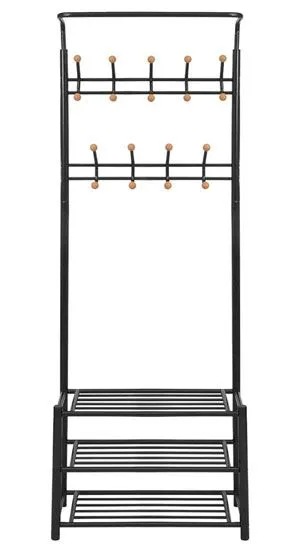 Czarny stojak na ubrania z półkami na buty C2-H46