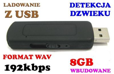 Mobilny Mikro-Rejestrator Dźwięku / Dyktafon, Podsłuch Ukryty w Pendrive 8GB/280h + Aktywacja Głosu.