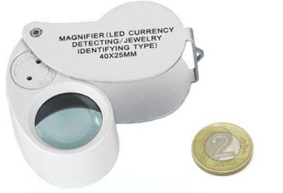 Kieszonkowa Składana Lupa Jubilerska (powiększenie 40x!!) + 2x LED + Ultrafiolet (UV) + Pudełko.